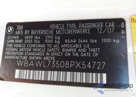 2008 BMW 335I из США, поврежденный, VIN WBAWL73508PX54727